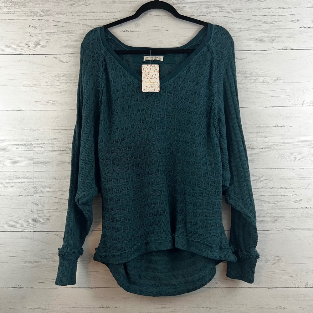 Free People We The Free Thien's Hacci Teal Night V-Neck Knit Top Small
